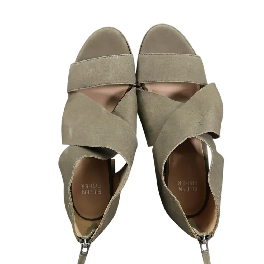 Eileen Fisher Shoes Womens 7.5 Sandal Block Heel Fashion Marla Leather Olive Zip
